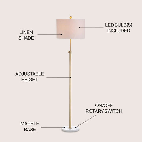 65-Inch Brass Gold And White Marble Adjustable LED Floor Lamp With White Linen Shade For Living Room And Bedroom Bold Modern Glam Standing Light Bulb Included, featuring a rotary switch and labeled parts.