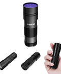 Tiny But Mighty Portable UV Black Light Flashlight With 12 LEDs for stains, shown in hand and from various angles