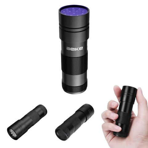 Tiny But Mighty Portable UV Black Light Flashlight With 12 LEDs for stains, shown in hand and from various angles