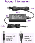 12V 5A Power Supply Adapter For LED Strip Lights And Low Voltage Devices UL Listed 60W Class 2 Wall Transformer 120VAC To 12VDC Converter With 5.5x2.1mm DC Jack Non Dimming great for DIY Lighting Projects with dimensions and plug details.