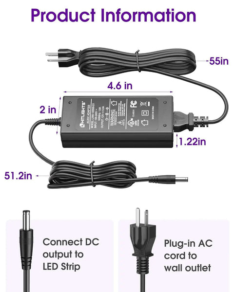 12V 5A Power Supply Adapter For LED Strip Lights And Low Voltage Devices UL Listed 60W Class 2 Wall Transformer 120VAC To 12VDC Converter With 5.5x2.1mm DC Jack Non Dimming great for DIY Lighting Projects with dimensions and plug details.