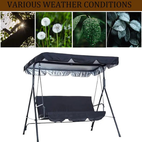Replacement Canopy Top For Three Seat Outdoor Patio Swing, Black Shade Cover For Porch Garden Seat, shown in weather conditions