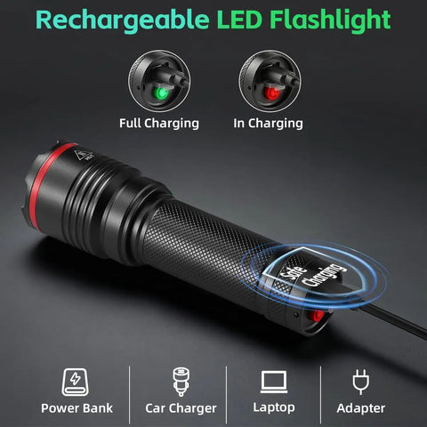 Close-up of Six Pack Rechargeable LED Flashlights With High Lumen Output showing USB-C charging, focus on flashlight details