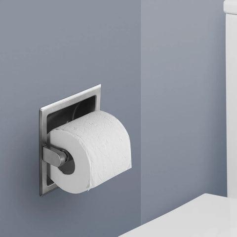 Recessed Toilet Paper Holder Built For Mega Rolls, 100 Percent 304 Stainless Steel With Brushed Nickel Finish, installed on wall