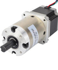 Front-angle view of NEMA 23 stepper motor with 47:1 planetary gearbox; silver gearbox face, black motor body.