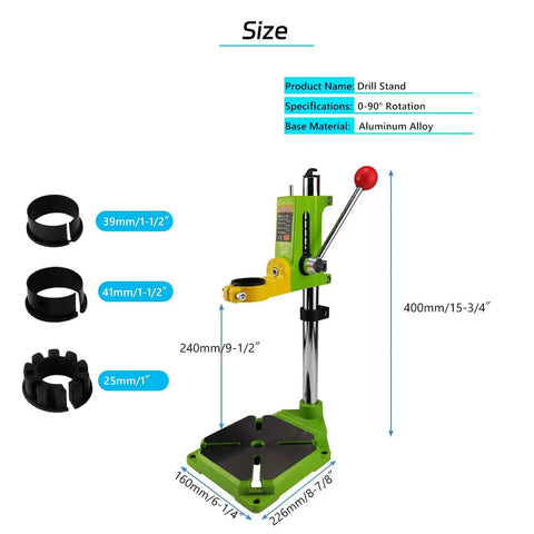 Floor Drill Press Stand For Hand Drill With 90 Degree Rotating Clamp, Adjustable Universal Bench Drill Holder, shown with size details
