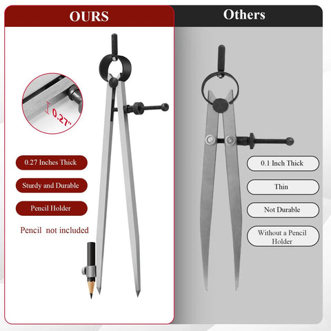 Rock Solid 8 Inch Woodworking Compass And Carbon Steel Scribe Divider With Locking Pin, 0.27 inches thick, pencil holder feature.
