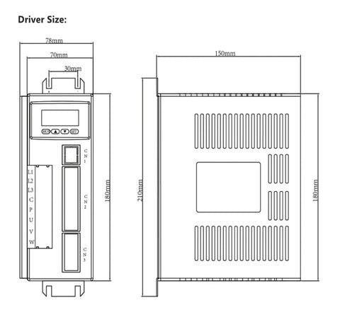 NOVKMJVZ 90ST-M03520 servo motor driver kit with brake, 730W, 220V AC, 2000rpm, 3.5Nm; front and side dimension diagram.
