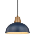 Blue metal pendant lamp with wooden top and black cord hanging, textured finish, illuminated interior, white background.