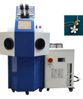 Jewelry Spot Welder 220V 200W Welding Machine With 2400W Chiller for craftsmen, shown with PC touch screen and industrial chiller unit.