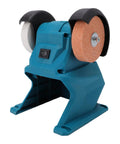 No Strings Attached Cordless Mini Bench Grinder With Dual 70mm Grinding Wheels Spinning At 5500 RPM for sharpening on a steady base.