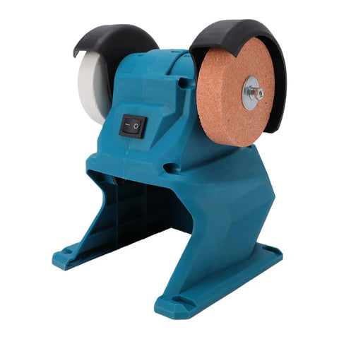 Go Anywhere Cordless Mini Bench Grinder Spinning 5500 Rpm Through Dual 70mm Wheels, compact design with adjustable grind surfaces.