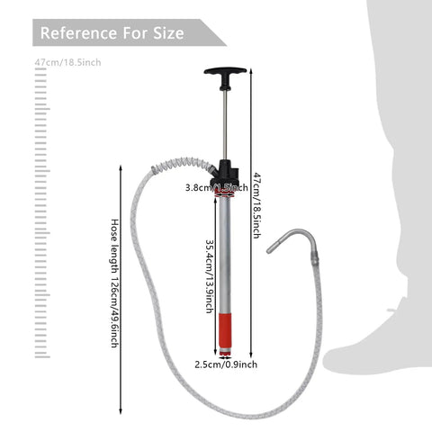Heavy Duty Manual Push Oil Pump Hand Crank Gear Transfer Dispenser for 5 Gallon Drums with 47 inch hose for size reference.
