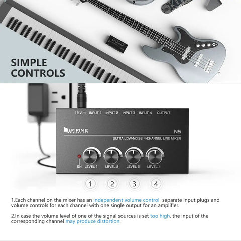 Four Channel Line Mixer For Sub Mixing With Ultra Low Noise, Mini 4 Channel Audio Mixer With AC Adapter showcasing simple controls.