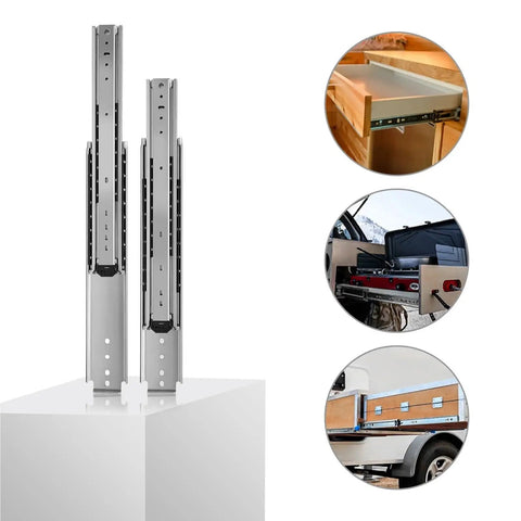 Heavy Duty Full Extension Side Mount Drawer Slides Solid Cold Rolled Steel showcased on a white pedestal, ideal for kitchen cabinets.