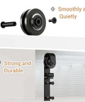 Upgraded 2.5 Foot Mini Folding Sliding Barn Door Hardware Kit For Two Doors Carbon Steel Construction Frosted Black Powder Coating Rust Resistant Quiet Nylon Rollers Smooth Sliding For TV Stands Cupboards Storage Cabinets No Cabinet side view showing nylon rollers and mounting brackets.