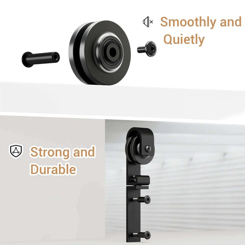 Upgraded 2.5 Foot Mini Folding Sliding Barn Door Hardware Kit For Two Doors Carbon Steel Construction Frosted Black Powder Coating Rust Resistant Quiet Nylon Rollers Smooth Sliding For TV Stands Cupboards Storage Cabinets No Cabinet side view showing nylon rollers and mounting brackets.