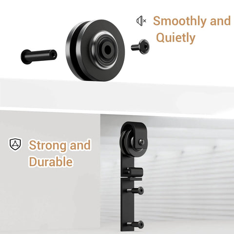 Close-up of smooth nylon rollers for upgraded 3ft mini folding sliding barn door hardware kit, showing carbon steel durability.