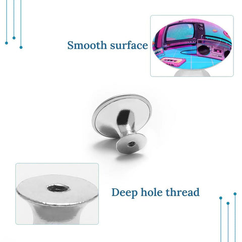 Retro Gadgets Collage Cabinet Knobs 1.1 Inch Stainless Steel Drawer Handles, showing smooth surface and deep hole thread details.