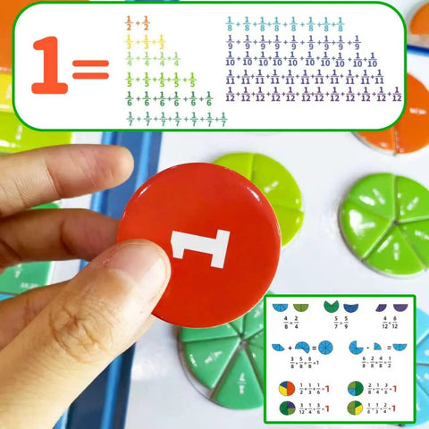 Hand holding circular piece from Magnetic Fraction Tiles And Circles Set For Hands On Math Fun, showing fraction on whiteboard.