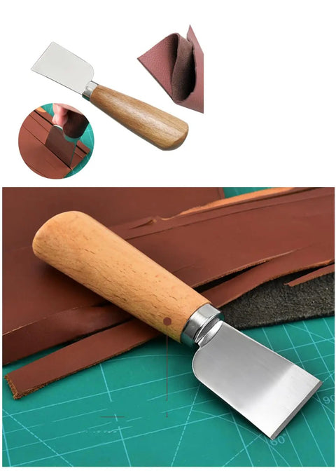 Pro Grade Leather Edge Skiving Beveler Set With Wooden Handle, Wide Mouth Leathercraft Edger on brown leather sheet