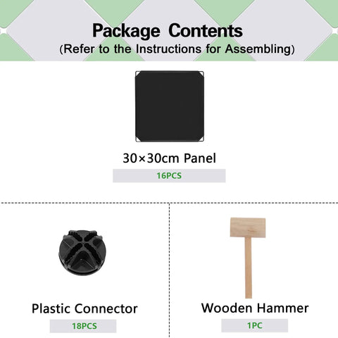 Package contents for Four Cube Storage Organizer With Durable Plastic Modular Shelves showing black panels, connectors, and wooden hammer.