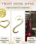 Gold Finish 22K Purse Hook For Table, Heart Shaped Portable Handbag Holder displayed in closed, open, and hanging states