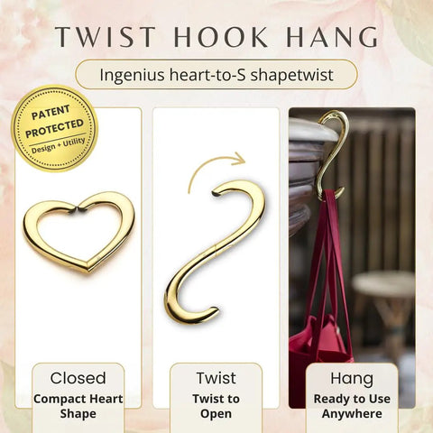 Gold Finish 22K Purse Hook For Table, Heart Shaped Portable Handbag Holder displayed in closed, open, and hanging states