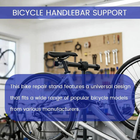Two-Pack Portable Bike Repair Stands With Quick-Release Handlebar Support in use for mountain and road e-bikes in a workshop.