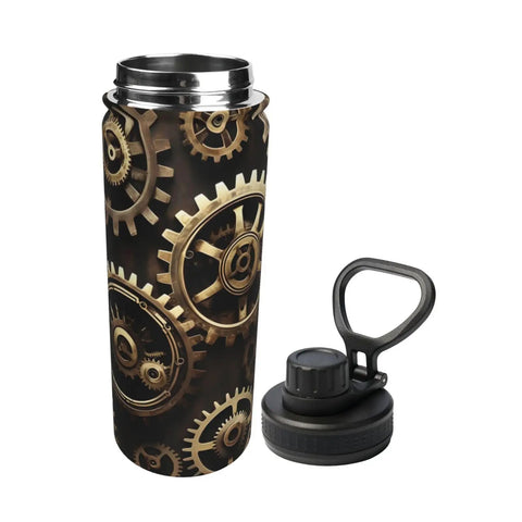 Steampunk Gears Print Insulated Water Bottle For Gym And Outdoor Adventures with detached lid, stainless steel design