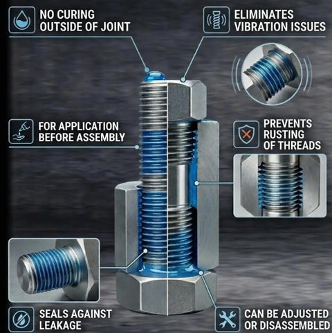 Blue Gel Thread Locker Medium Strength For Metal Fasteners 1.20 Oz Bottle Easy Disassembly With Hand Tools Locks Threads Like A Breeze Resistant To Vibration And Solvents 6 Pack application diagram with bolt and features
