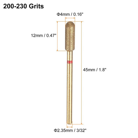 Close-up of a 200-230 grit diamond grinding bit with 4 mm cylindrical head and 2.35 mm shank for rotary tools.