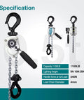 Mini Chain Hoist 1100Lb Manual Lever Hoist One Half Ton Mini Puller 10Ft Hand Lever Chain Hoist front view with specifications.