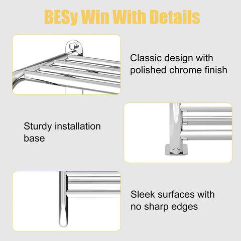 Adjustable 15 To 25 Inch Towel Rack With Shelf For Bathroom And Lavatory Double Towel Bar Rod Four Hooks Wall Mount Multifunction Towel Holder Hotel Style Stainless Steel Polished Chrome details