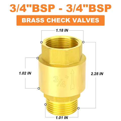 Brass 3/4 BSP check valve with male and female threads for backflow prevention.