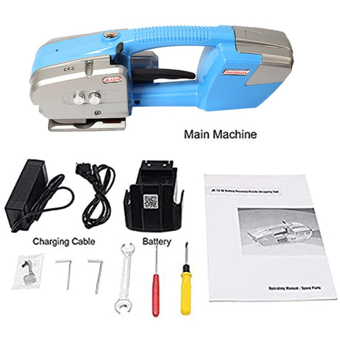 Heavy Duty Electric Strapping Machine With Hot Melt Welding and Adjustable Tension Power Up Your Packaging Operations With This Portable Handheld Bander, includes battery and charging accessories.
