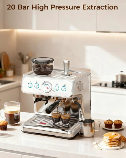 20 Bar Espresso Machine With Built-In Grinder And Milk Frother For Home Use, Stainless Steel Barista Grade Coffee Maker in kitchen