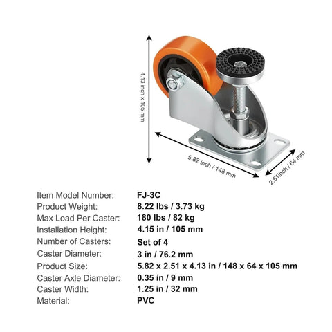 Buttery Smooth Rolling Leveling Casters 3 Inch Diameter 4 Pack with PVC wheels, adjustable feet and heavy-duty steel plate.