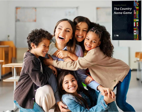 Smiling teacher with students holding 'Fun Geography And History Game With 225 Country Names And Capitals Flash Cards' in classroom