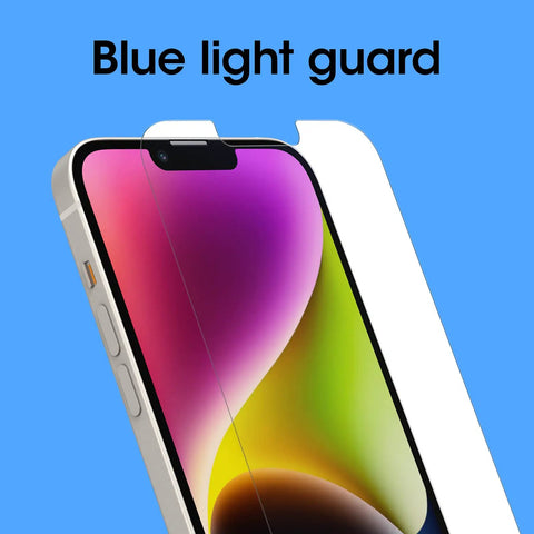 iPhone 14 Plus with Amplify Glass Antimicrobial Blue Light Screen Protector showing precise fit and vibrant clarity on blue background.