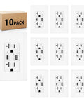 No-Nonsense Heavy-Lifting 65W GaN PD Fast Charging USB Wall Outlet With Dual Type C And Type A Ports Tamper Resistant Child Safe Protection Built For Daily Grind 10 Pack in a display of ten white outlets with a box.