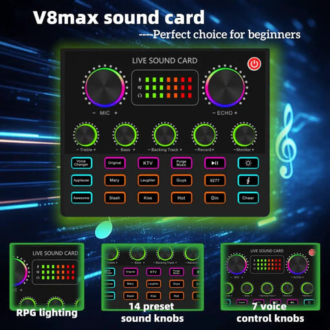 V8max Voice Changer And Podcast Microphone Bundle With Studio Condenser Mic showing sound card with control knobs and lights.