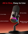 PD100W Wireless USB Dynamic Microphone For Gaming And Streaming, with RGB lighting, mute button, displayed on stand