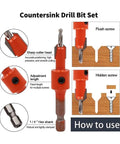 Heavy Duty High Carbon Steel Countersink Drill Bit For Wood And Metal With Adjustable Stop Collar And Quick Change Hex Shank, close-up of sharp cutter and hex shank.