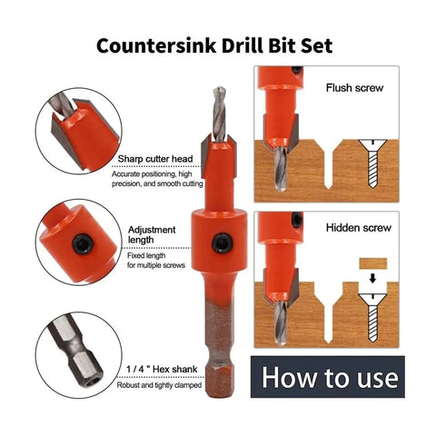 Heavy Duty High Carbon Steel Countersink Drill Bit For Wood And Metal With Adjustable Stop Collar And Quick Change Hex Shank, close-up of sharp cutter and hex shank.