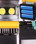 Close-up of JUDYSSY Portable Led Floodlight Rechargeable Battery showing LED lights and lithium batteries, perfect for construction use.
