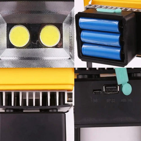 Close-up of JUDYSSY Portable Led Floodlight Rechargeable Battery showing LED lights and lithium batteries, perfect for construction use.