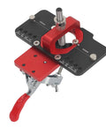 Precision 35mm Concealed Door Hinge Jig For Cabinets With Adjustable Depth Stops And Drill Bit Locator, red and black aluminum alloy jig