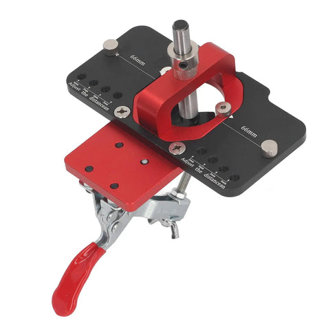 Precision 35mm Concealed Door Hinge Jig For Cabinets With Adjustable Depth Stops And Drill Bit Locator, red and black aluminum alloy jig