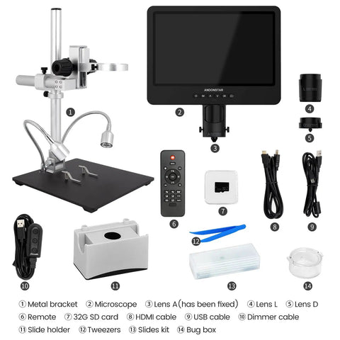 Crystal Clear 2160P HDMI Digital Microscope With 10.1 Inch Display Three Lens System For Soldering Repair Electronics Coins Plants Stones And Biological Slides Up To 2000x Magnification, with stand and accessories